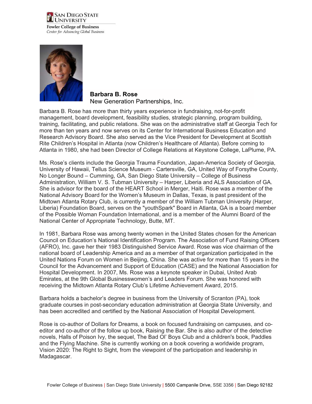 Barbara Rose Was Among Twenty Women in the United States Chosen for the American Council on Education’S National Identification Program