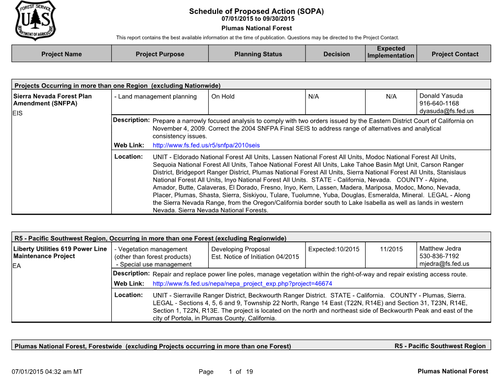 Schedule of Proposed Action (SOPA) 07/01/2015 to 09/30/2015 Plumas National Forest This Report Contains the Best Available Information at the Time of Publication
