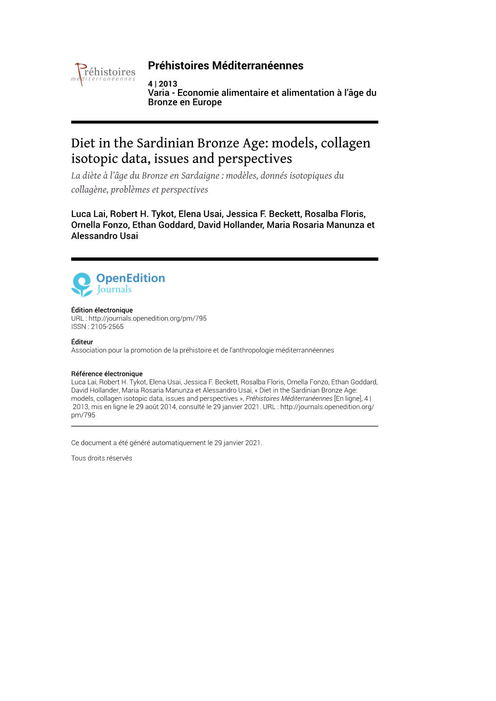 Préhistoires Méditerranéennes, 4 | 2013 Diet in the Sardinian Bronze Age: Models, Collagen Isotopic Data, Issues and