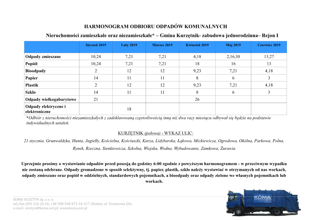 HARMONOGRAM ODBIORU ODPADÓW KOMUNALNYCH Nieruchomości Zamieszkałe Oraz Niezamieszkałe* – Gmina Kurzętnik- Zabudowa Jednorodzinna– Rejon I