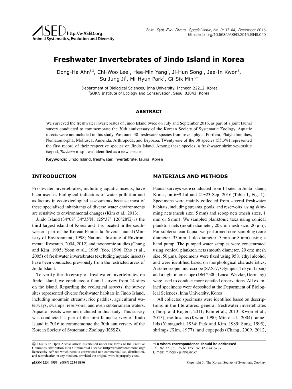 Freshwater Invertebrates of Jindo Island in Korea