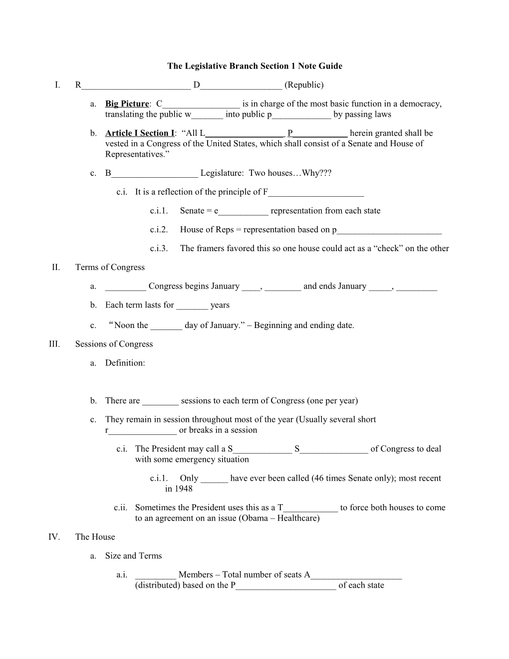 The Legislative Branch Section 1 Note Guide