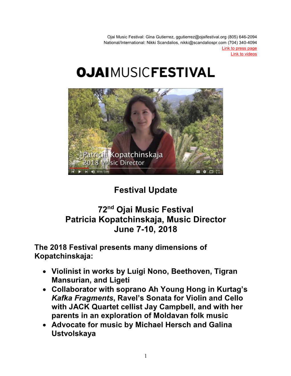 Festival Update 72Nd Ojai Music Festival Patricia Kopatchinskaja, Music Director June 7-10, 2018