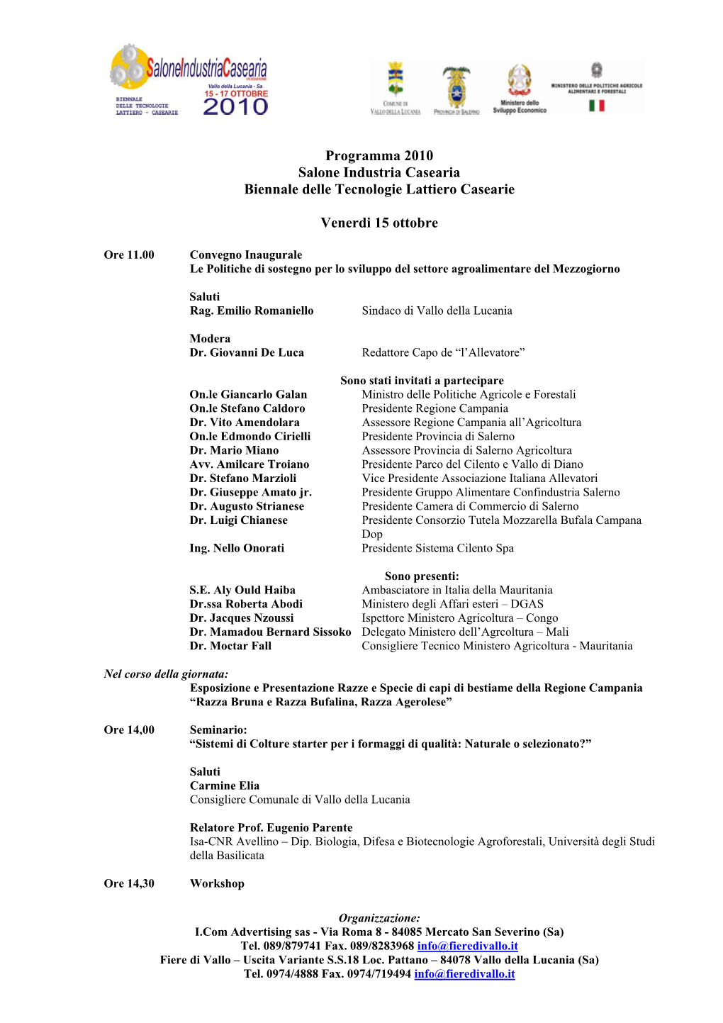 Programma 2010 Salone Industria Casearia Biennale Delle Tecnologie Lattiero Casearie Venerdi 15 Ottobre