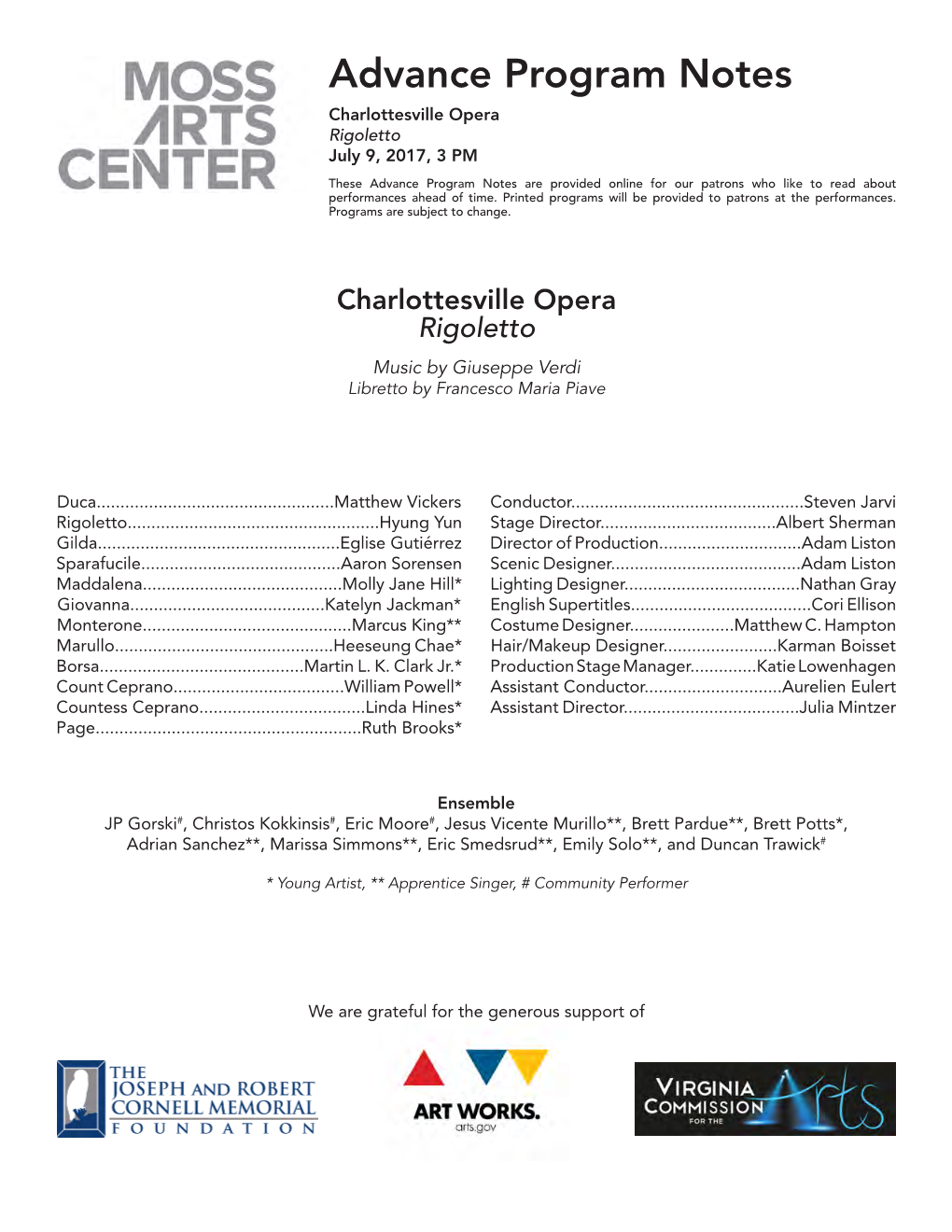 Advance Program Notes Charlottesville Opera Rigoletto July 9, 2017, 3 PM