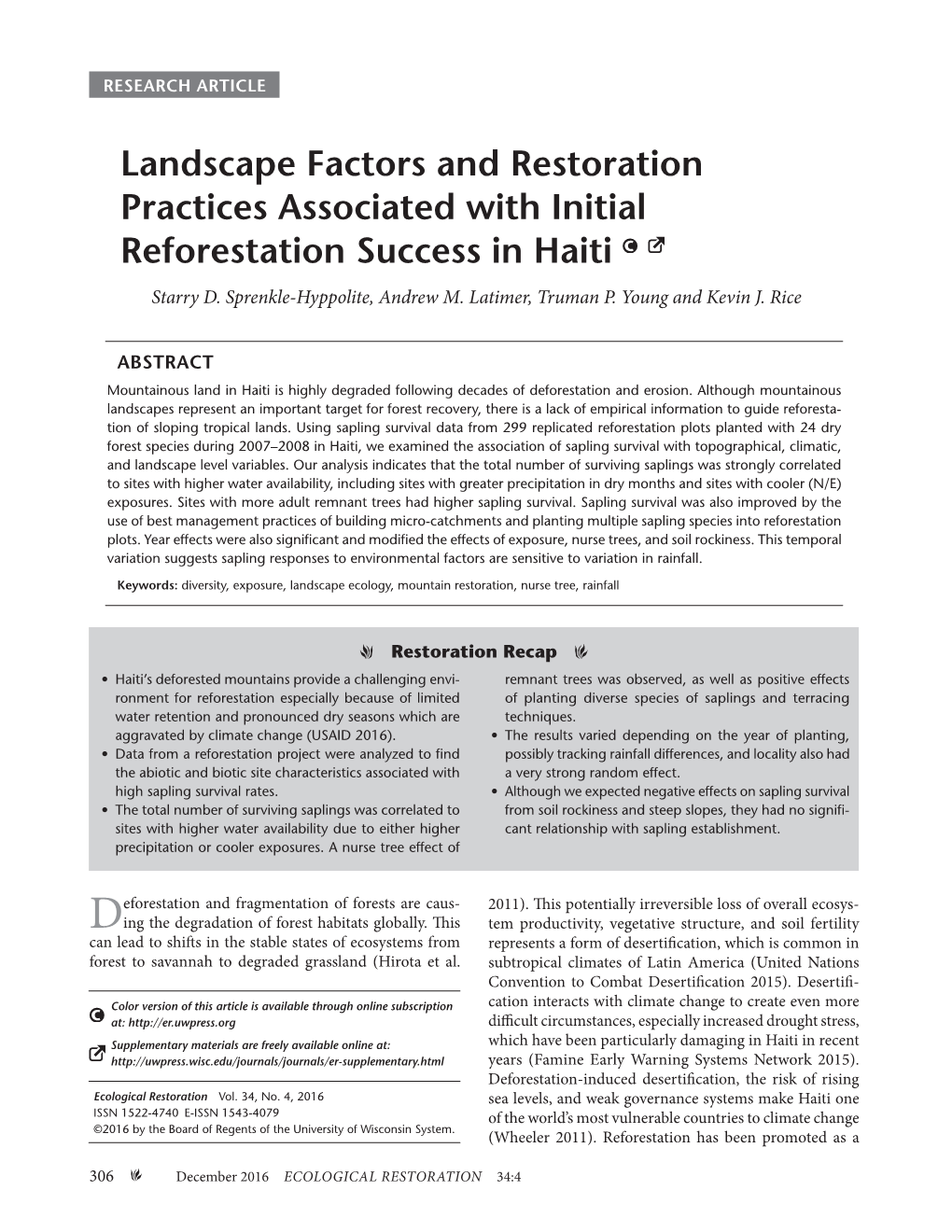 Landscape Factors and Restoration Practices Associated with Initial Reforestation Success in Haiti Starry D