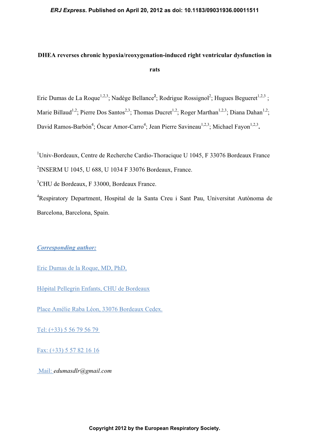 DHEA Reverses Chronic Hypoxia/Reoxygenation-Induced Right Ventricular Dysfunction In