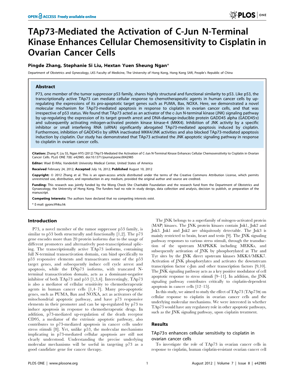 Tap73-Mediated the Activation of C-Jun N-Terminal Kinase Enhances Cellular Chemosensitivity to Cisplatin in Ovarian Cancer Cells