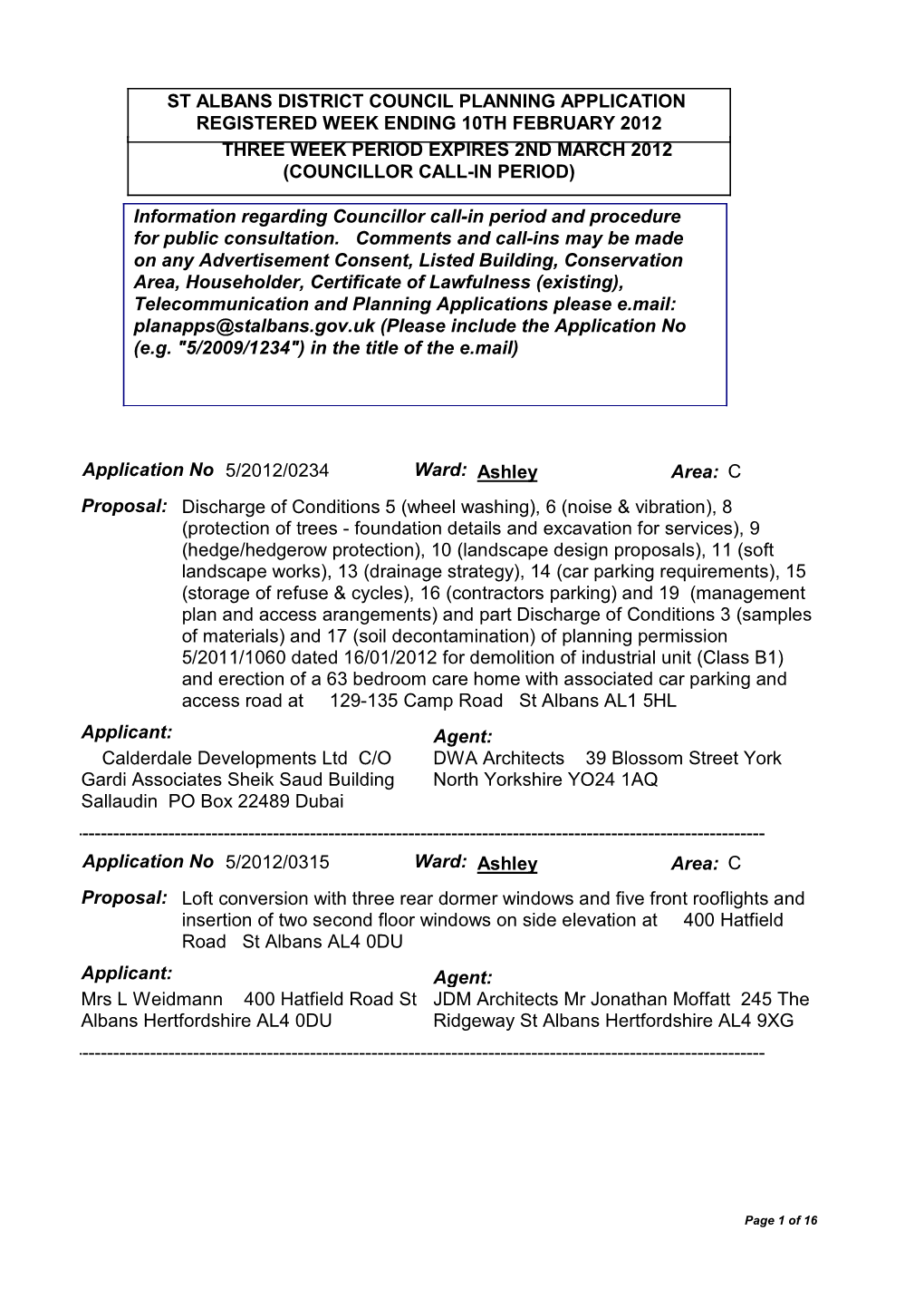 Planning Applications Please E.Mail: Planapps@Stalbans.Gov.Uk (Please Include the Application No (E.G