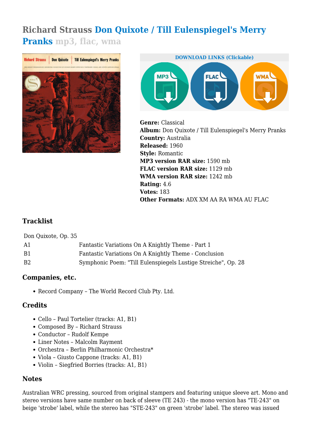 Richard Strauss Don Quixote / Till Eulenspiegel's Merry Pranks Mp3, Flac, Wma
