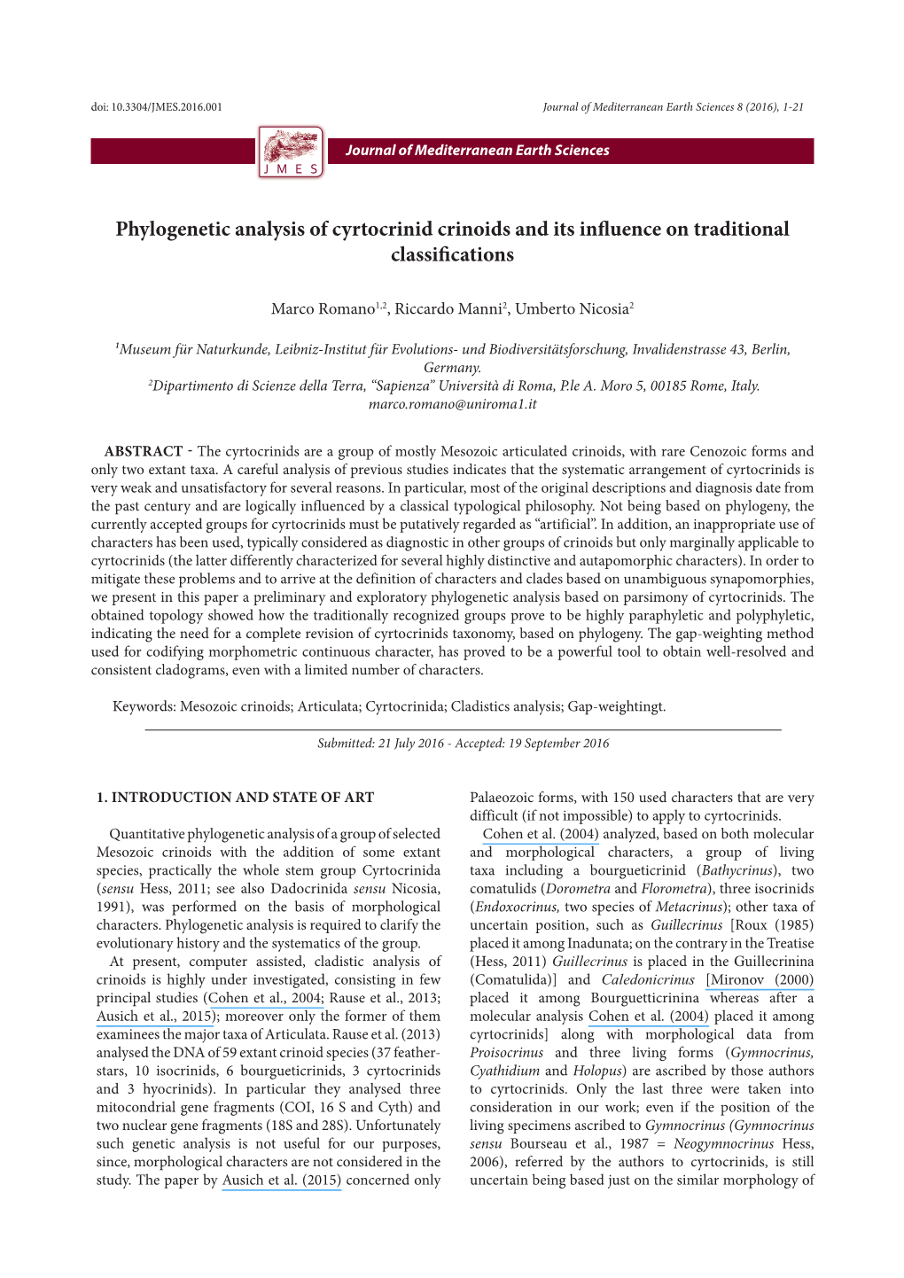 Phylogenetic Analysis of Cyrtocrinid Crinoids and Its Influence on Traditional Classifications