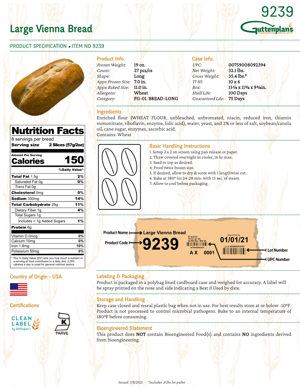 Large Vienna Bread Nutrition Facts