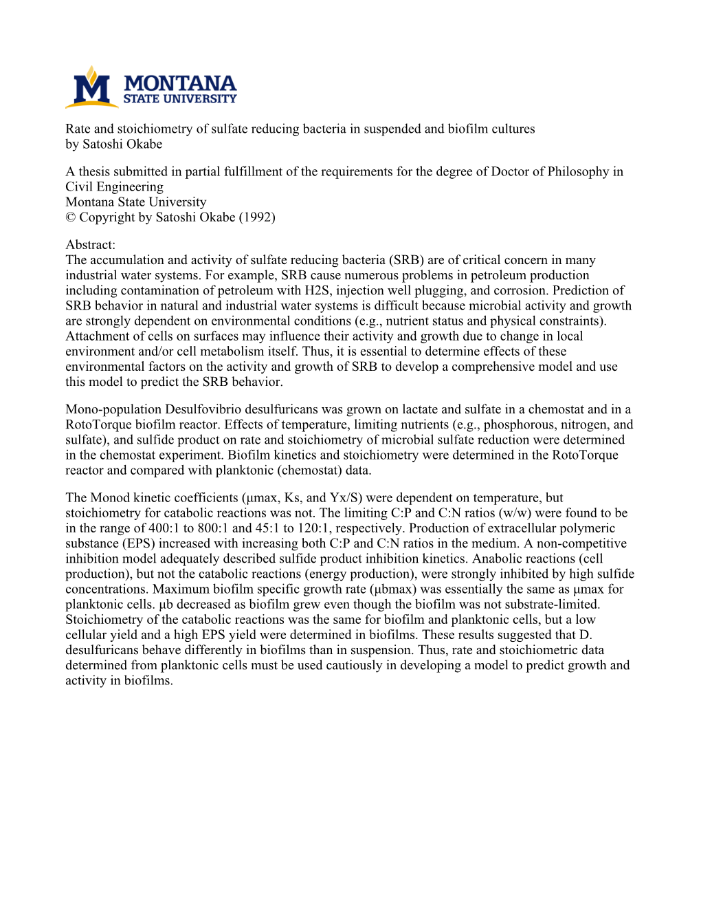 Rate and Stoichiometry of Sulfate Reducing Bacteria in Suspended