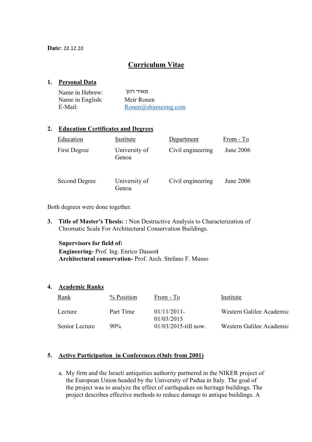 Curriculum Vitae and List of Publications