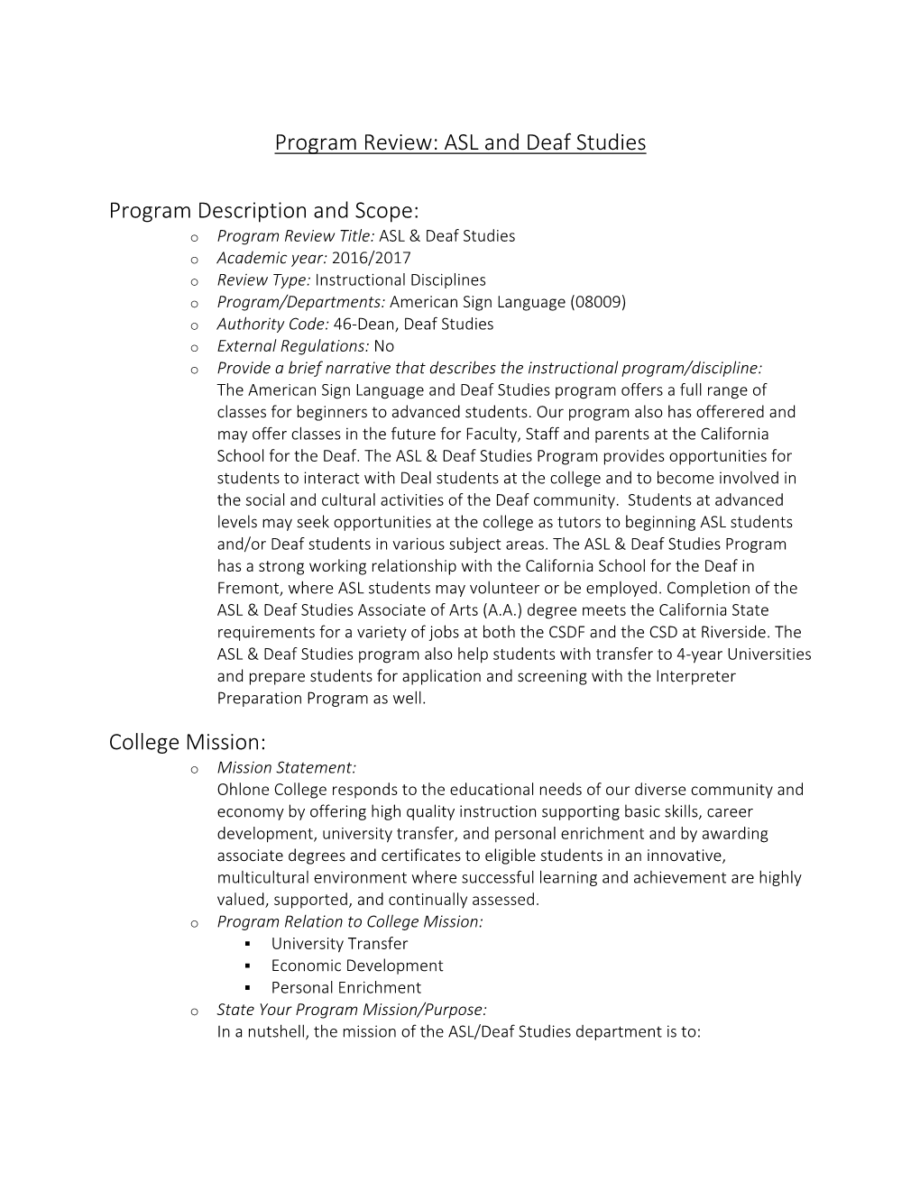 Program Review ASL and Deaf Studies