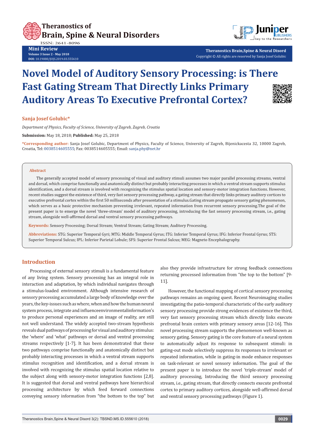 Novel Model of Auditory Sensory Processing: Is There Fast Gating Stream That Directly Links Primary Auditory Areas to Executive Prefrontal Cortex?