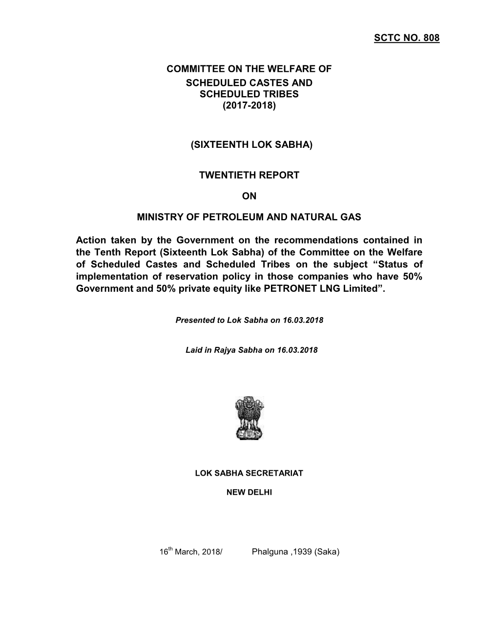 Sctc No. 808 Committee on the Welfare of Scheduled Castes and Scheduled Tribes (2017-2018) (Sixteenth Lok Sabha) Twentieth