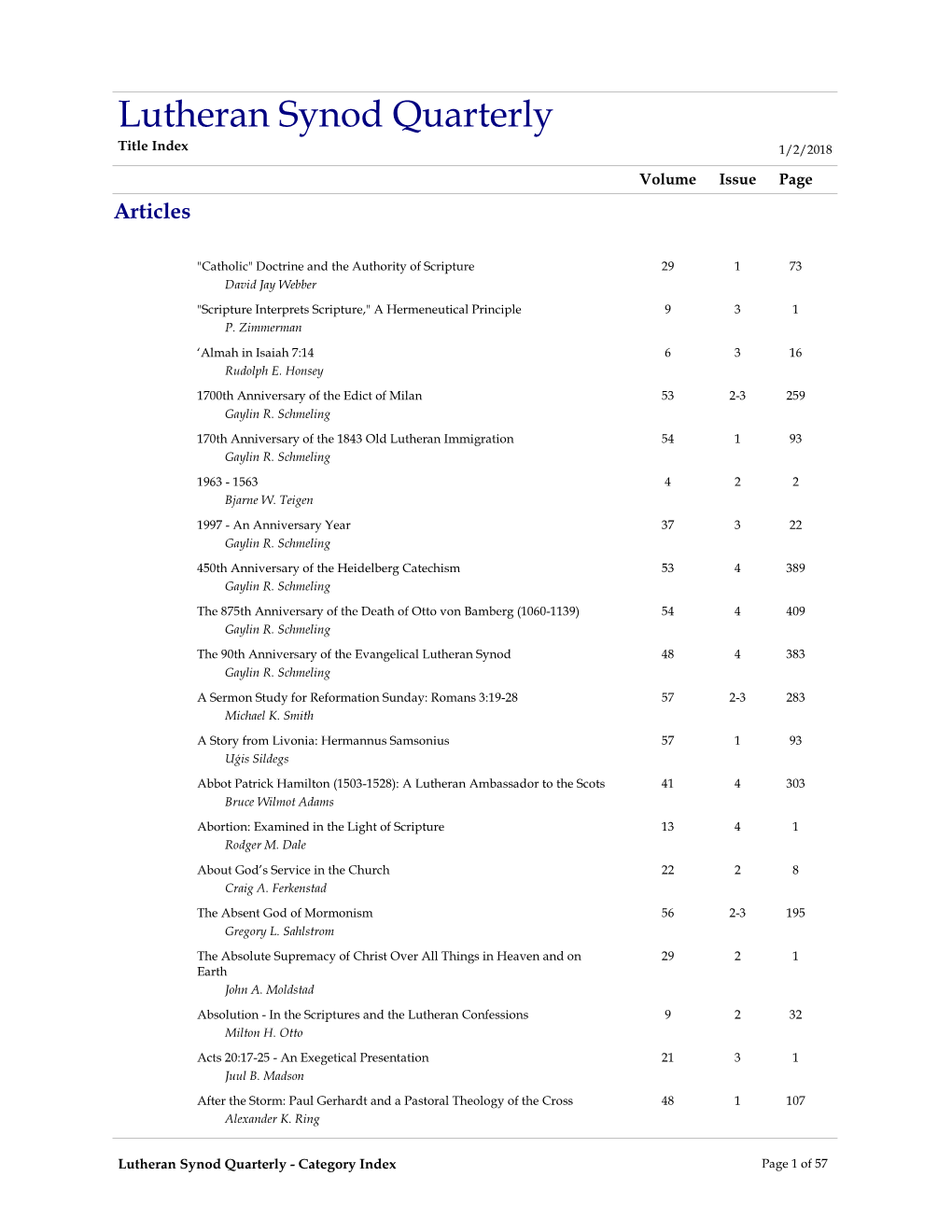 Lutheran Synod Quarterly Title Index 1/2/2018 Volume Issue Page Articles