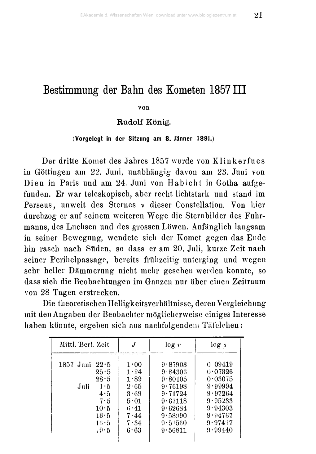 Bestimmung Der Bahn Des Kometen 1857I I I