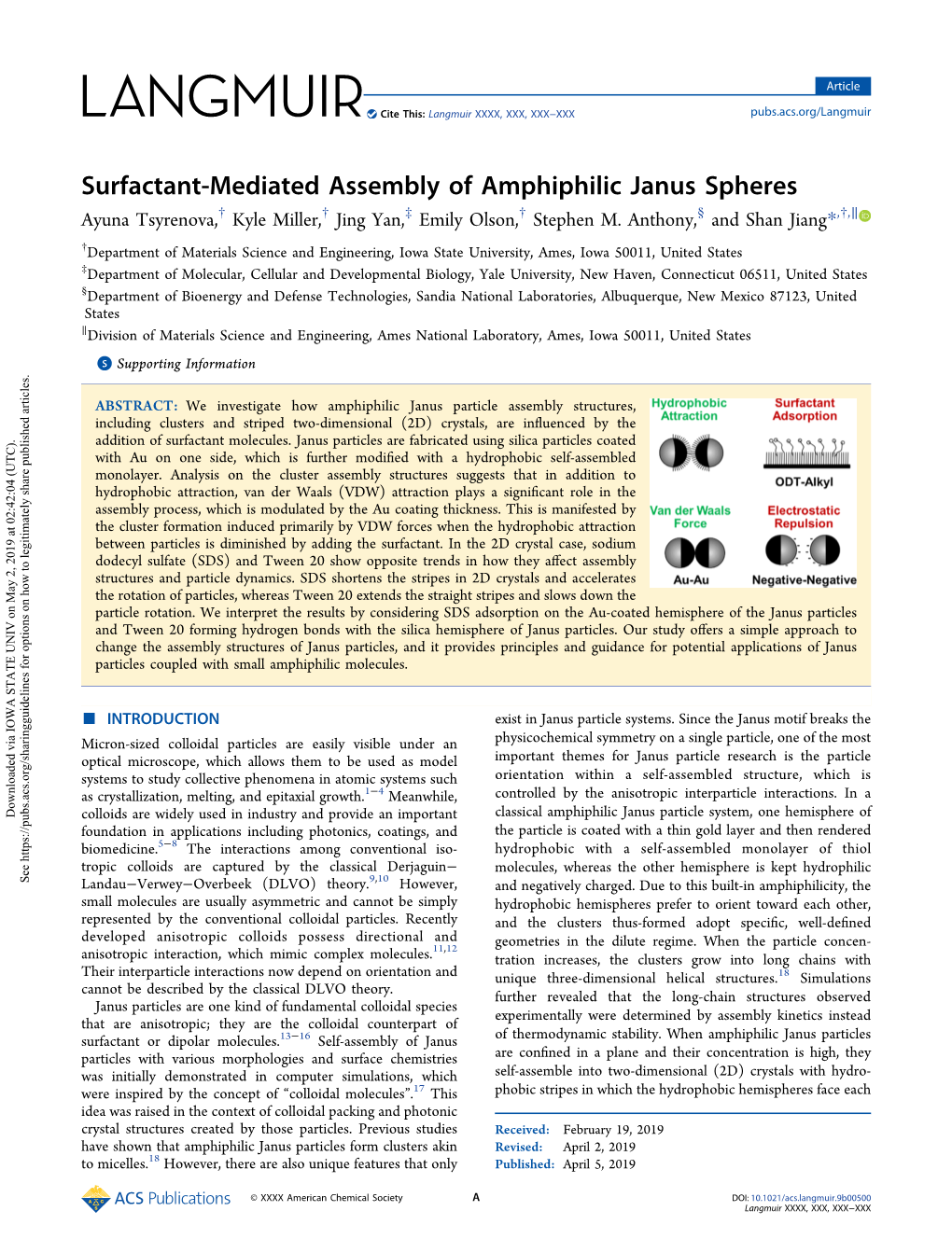 Surfactant-Mediated Assembly of Amphiphilic Janus Spheres † † ‡ † § † ∥ Ayuna Tsyrenova, Kyle Miller, Jing Yan, Emily Olson, Stephen M
