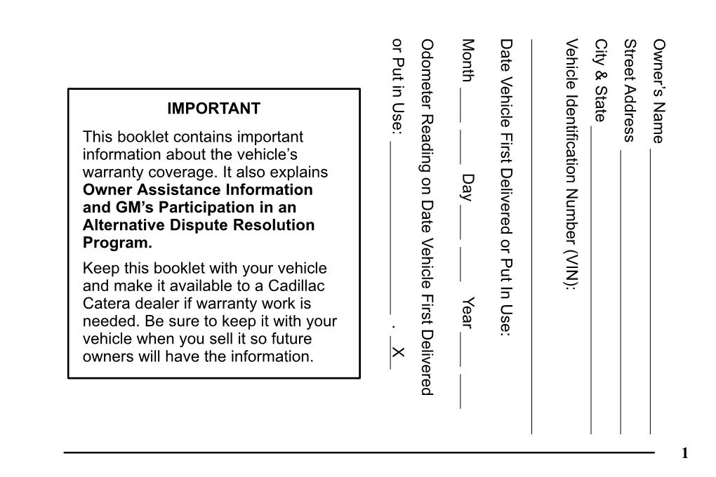 1999 Catera Warranty and Owner Assistance Information