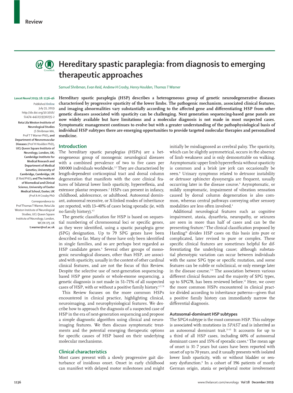 Hereditary Spastic Paraplegia: from Diagnosis to Emerging Therapeutic Approaches