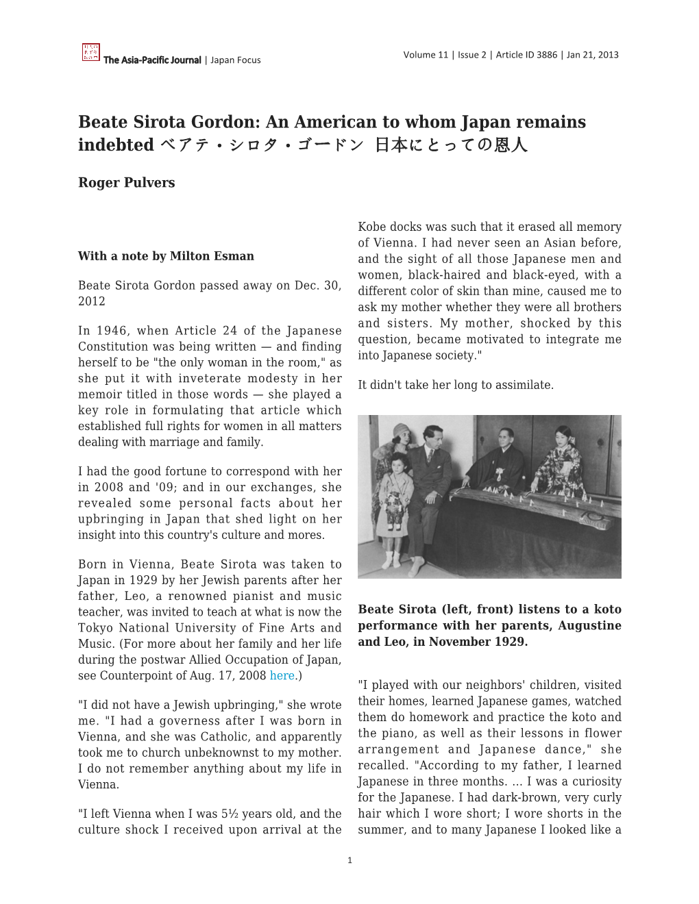 Beate Sirota Gordon: an American to Whom Japan Remains Indebted ベアテ・シロタ・ゴードン 日本にとっての恩人