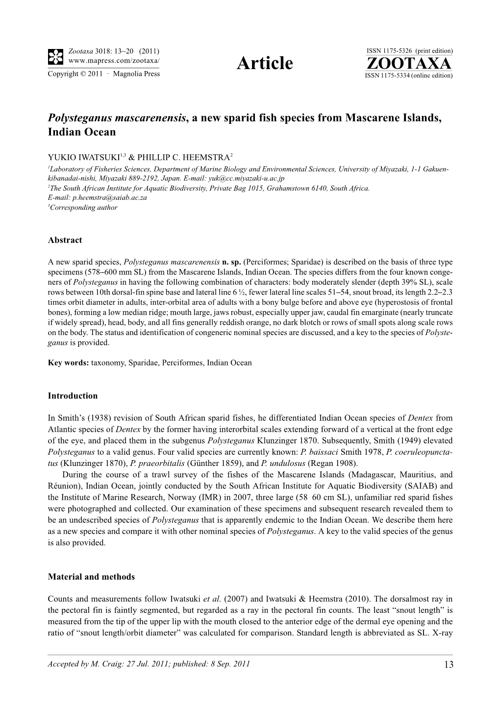 Polysteganus Mascarenensis, a New Sparid Fish Species from Mascarene Islands, Indian Ocean