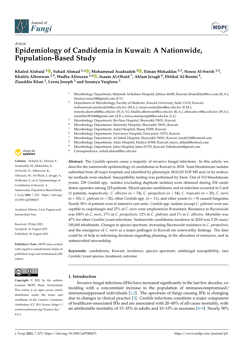 Epidemiology of Candidemia in Kuwait: a Nationwide, Population-Based Study