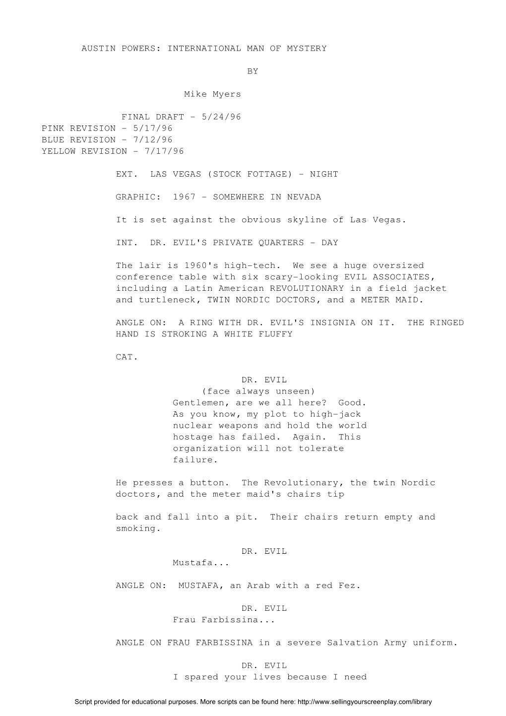 Austin Powers: International Man of Mystery Script by Mike Myers