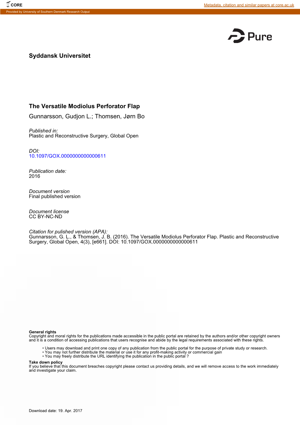 Syddansk Universitet the Versatile Modiolus Perforator Flap