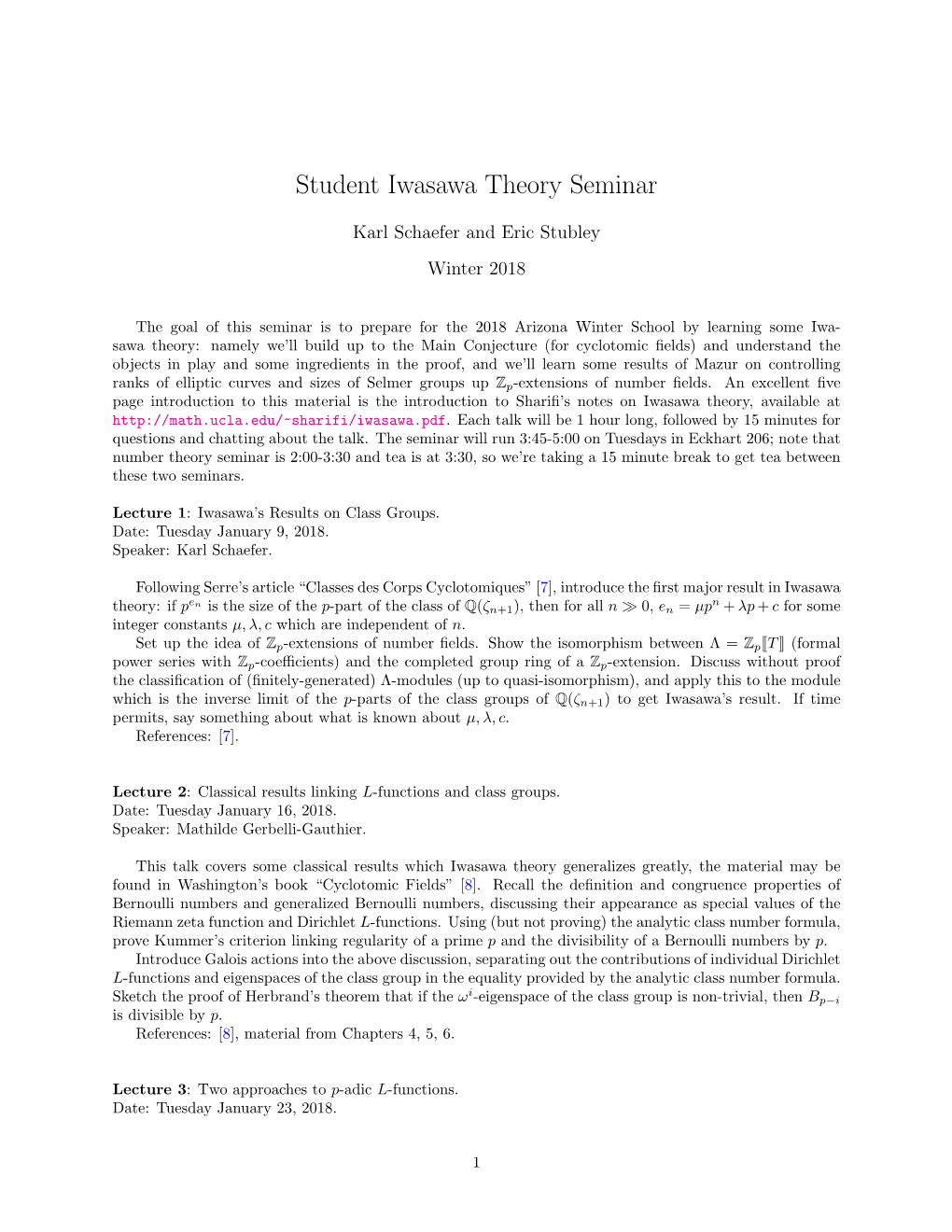 Student Iwasawa Theory Seminar