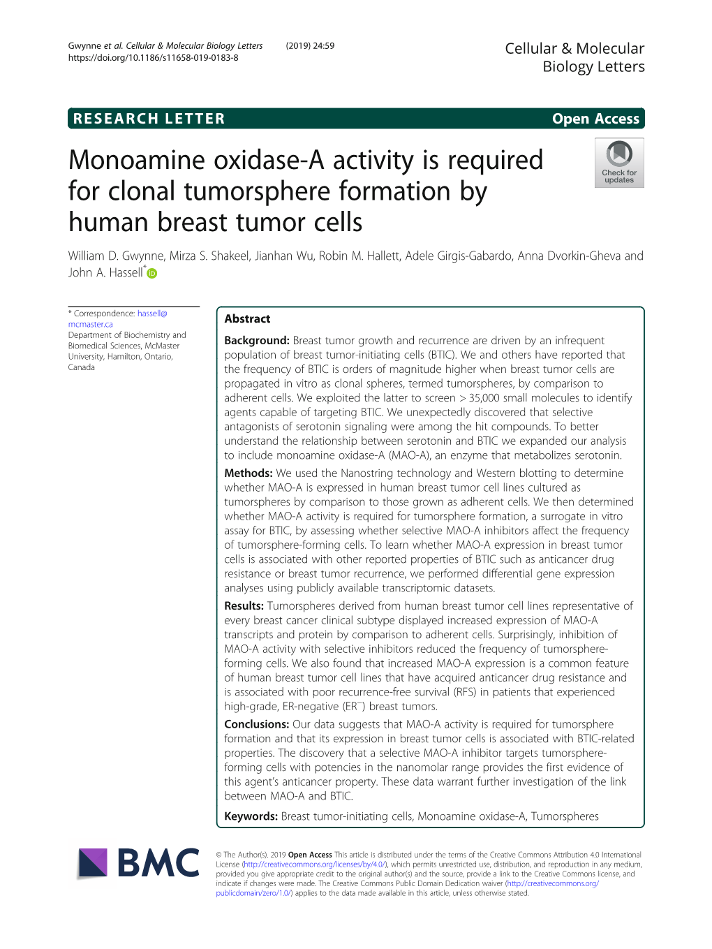 Monoamine Oxidase-A Activity Is Required for Clonal Tumorsphere Formation by Human Breast Tumor Cells William D