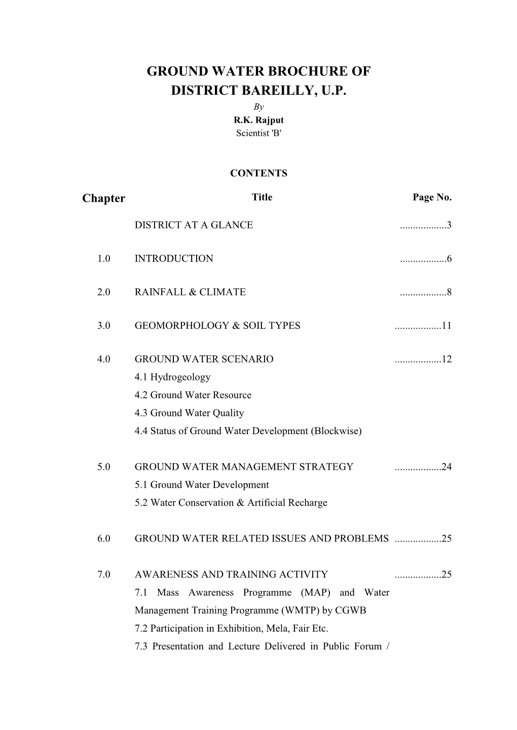 Ground Water Brochure of District Bareilly, Up