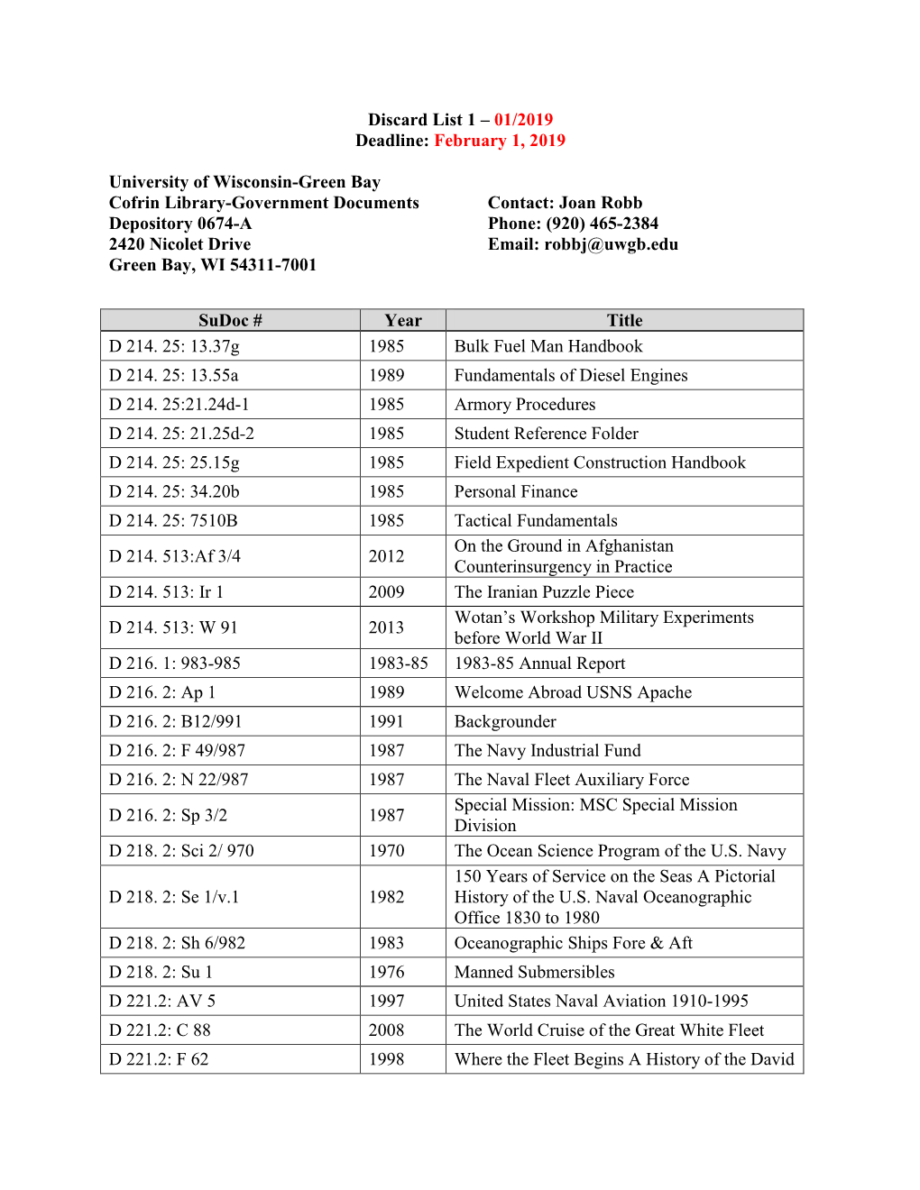 Discard List 1 – 01/2019 Deadline: February 1, 2019