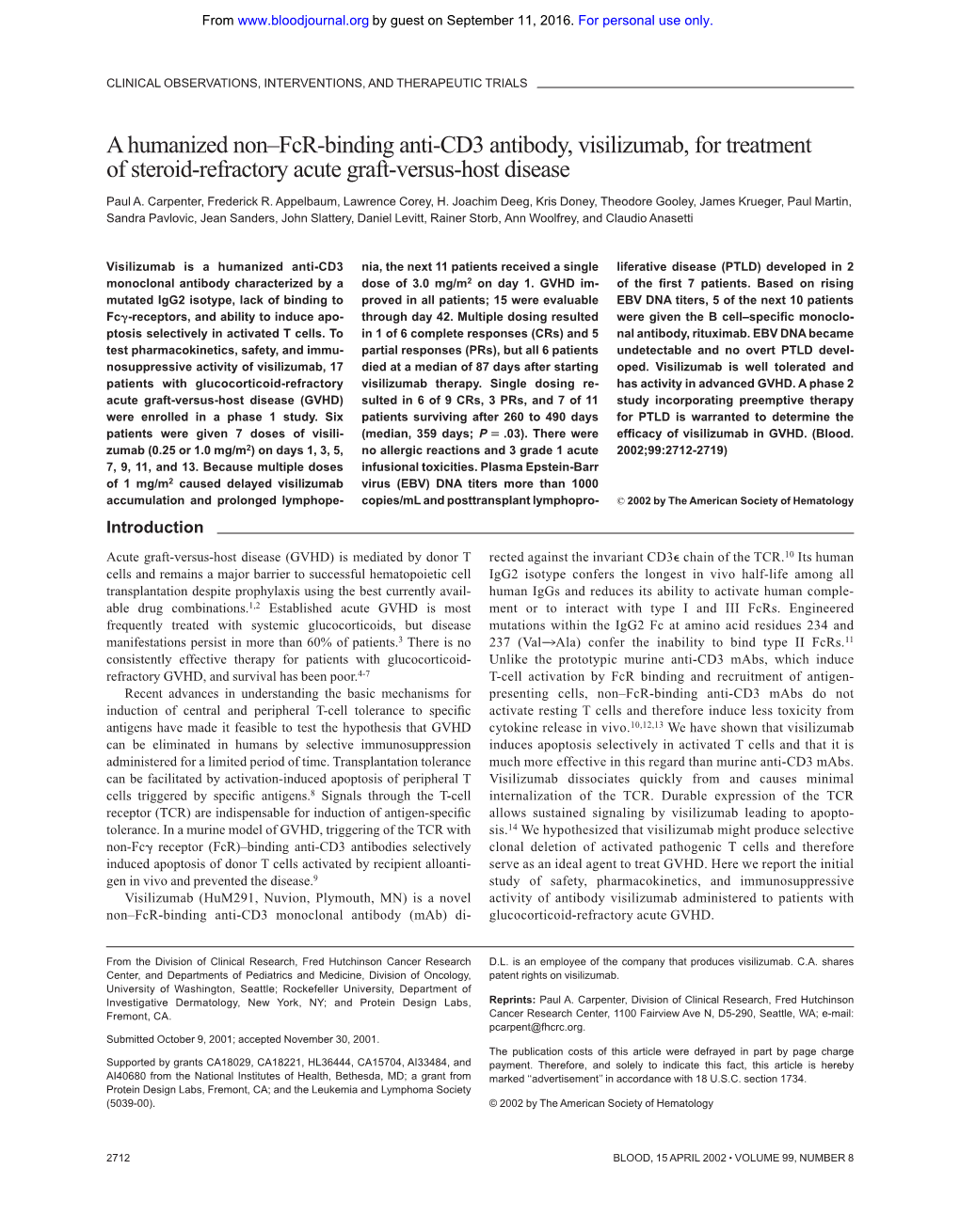 A Humanized Non–Fcr-Binding Anti-CD3 Antibody, Visilizumab, for Treatment of Steroid-Refractory Acute Graft-Versus-Host Disease