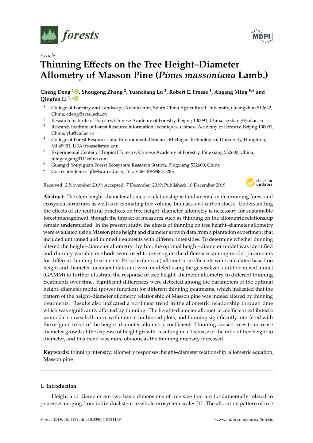 Thinning Effects on the Tree Height–Diameter Allometry of Masson Pine