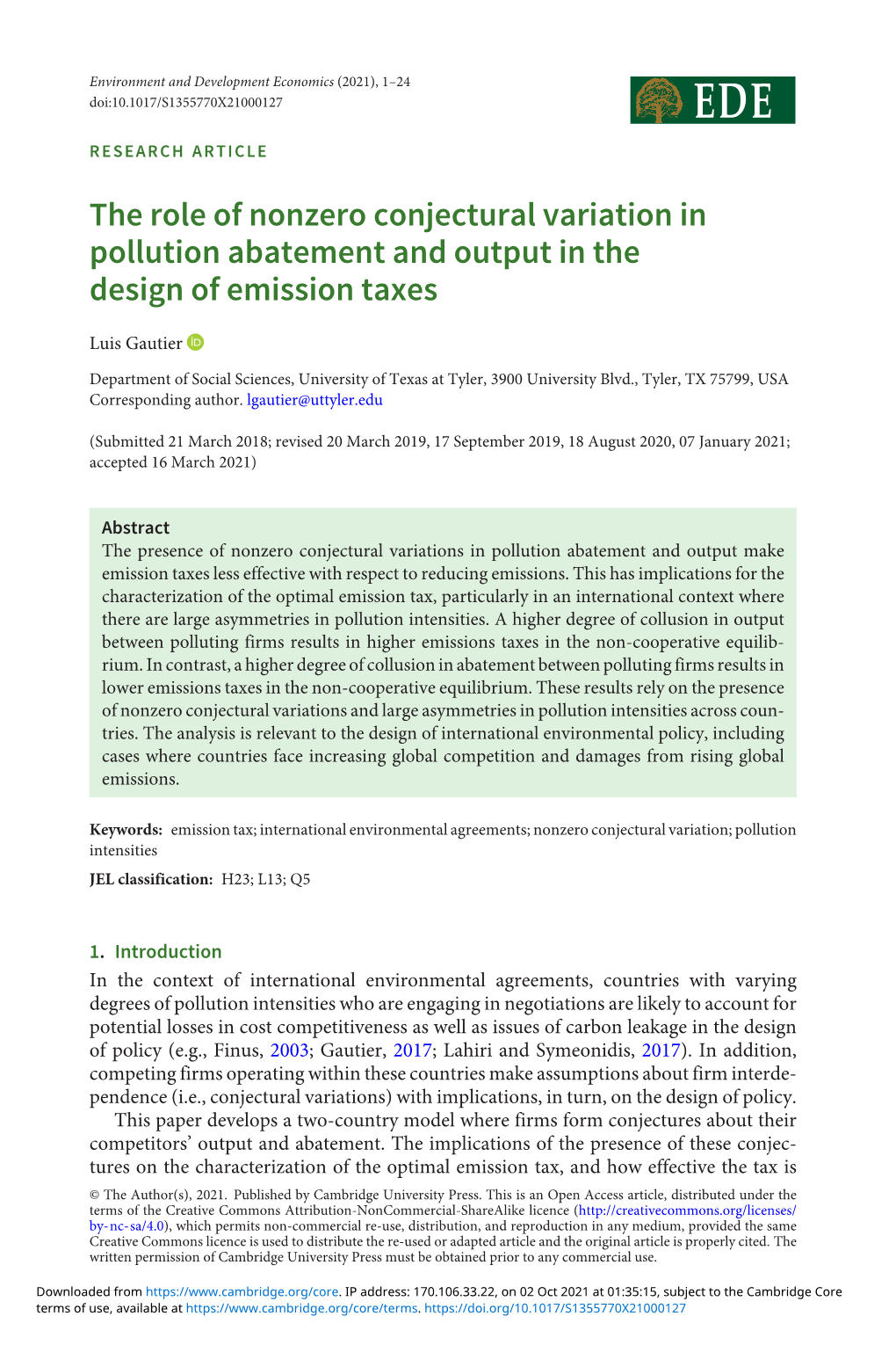The Role of Nonzero Conjectural Variation in Pollution Abatement and Output in the Design of Emission Taxes