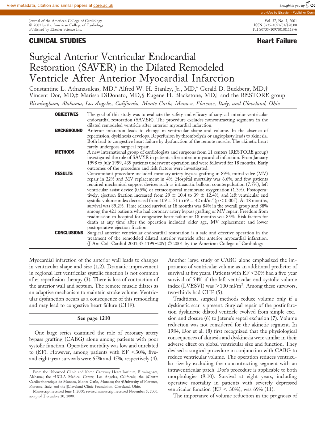 Surgical Anterior Ventricular Endocardial Restoration (SAVER) in the Dilated Remodeled Ventricle After Anterior Myocardial Infarction Constantine L