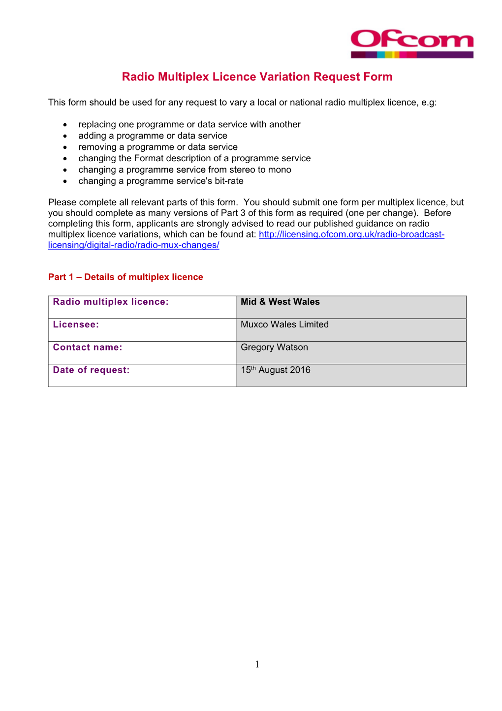 Radio Multiplex Licence Variation Request Form