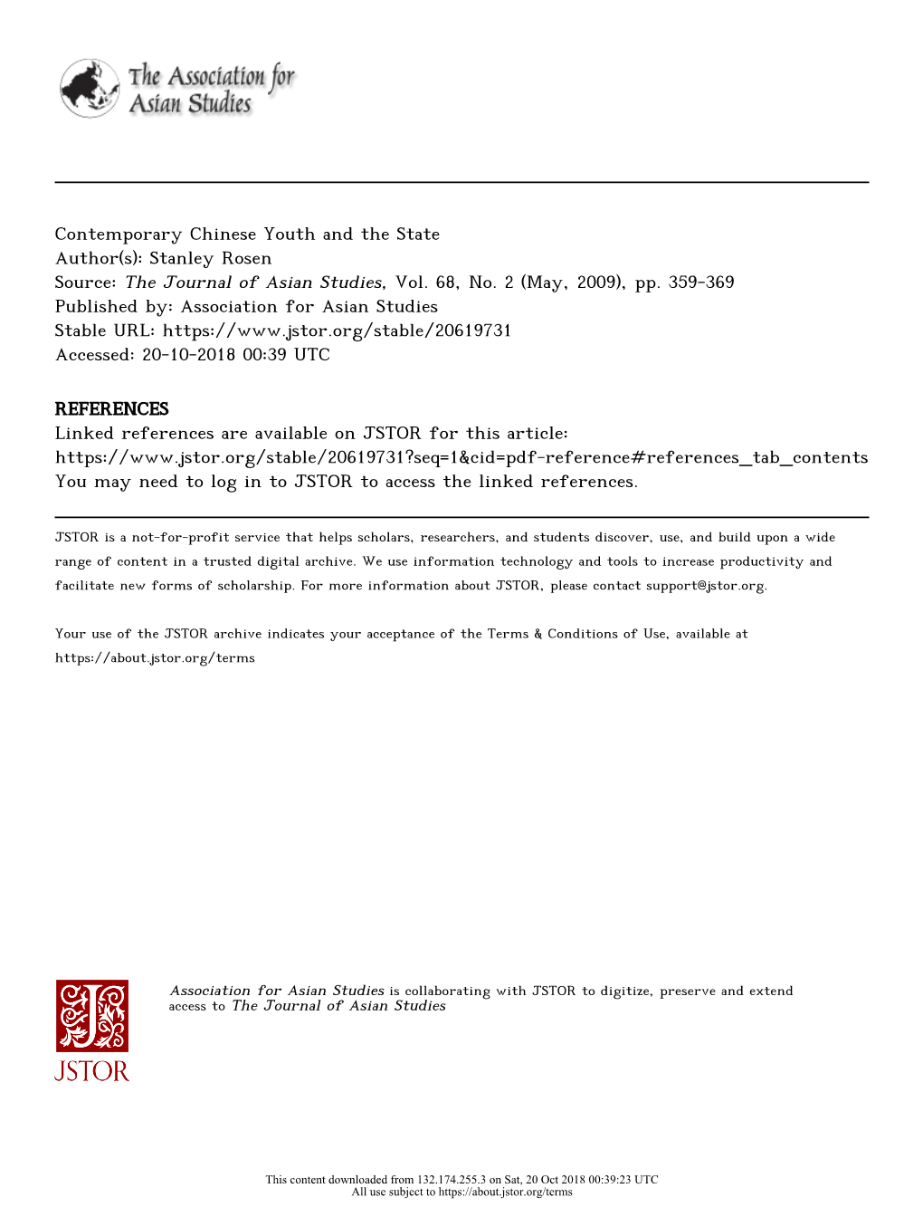 Contemporary Chinese Youth and the State Author(S): Stanley Rosen Source: the Journal of Asian Studies, Vol