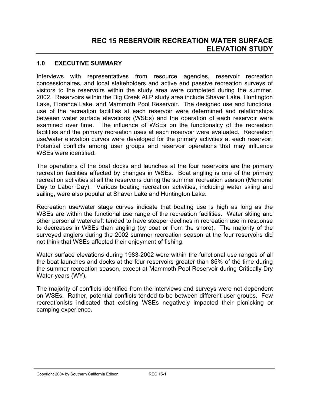 Rec 15 Reservoir Recreation Water Surface Elevation Study