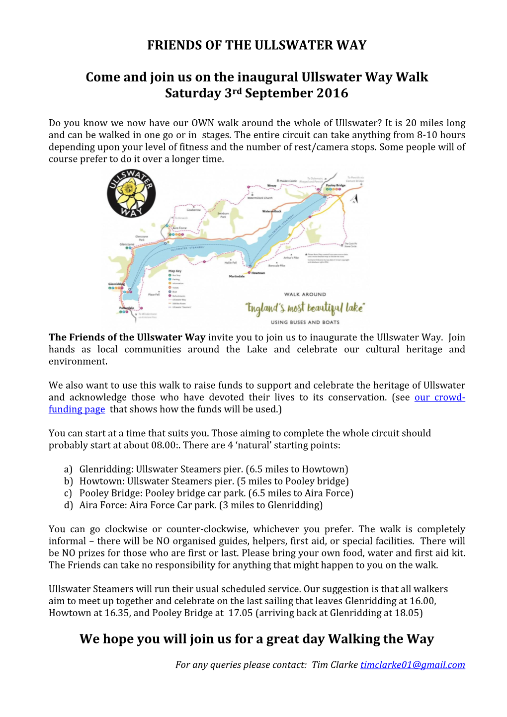 FRIENDS of the ULLSWATER WAY Come and Join Us on the Inaugural