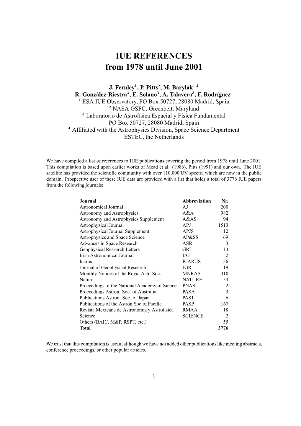 IUE References from 1978 Until June 2001