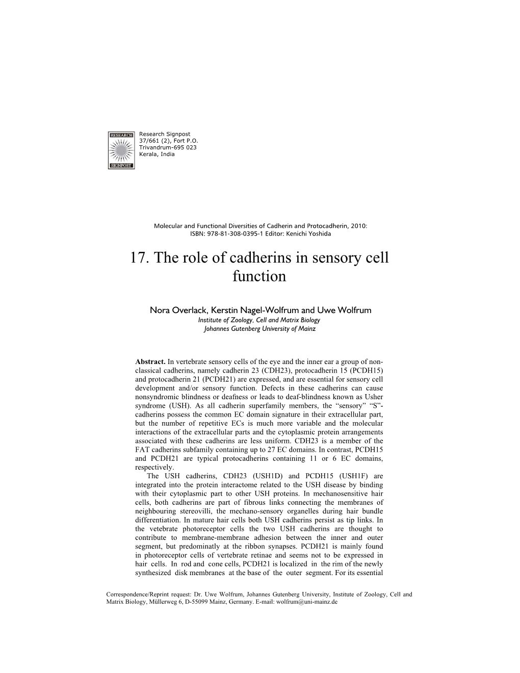 17. the Role of Cadherins in Sensory Cell Function