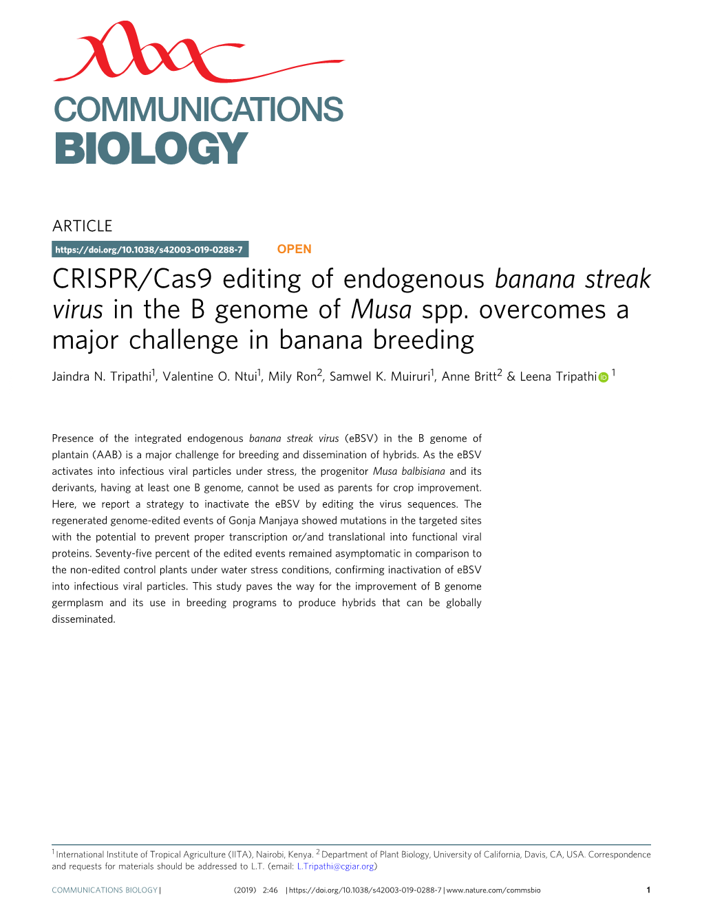 CRISPR/Cas9 Editing of Endogenous Banana Streak Virus in the B Genome of Musa Spp