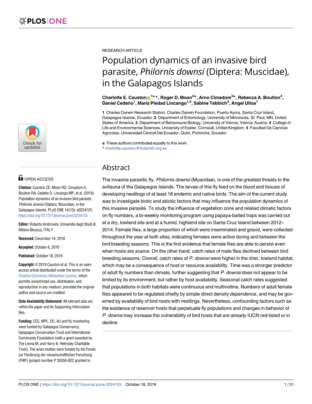 Population Dynamics of an Invasive Bird Parasite, Philornis Downsi (Diptera: Muscidae), in the Galapagos Islands