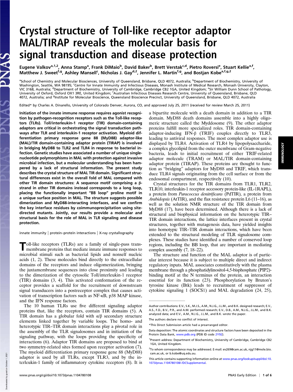 Crystal Structure of Toll-Like Receptor Adaptor MAL/TIRAP Reveals the Molecular Basis for Signal Transduction and Disease Protection