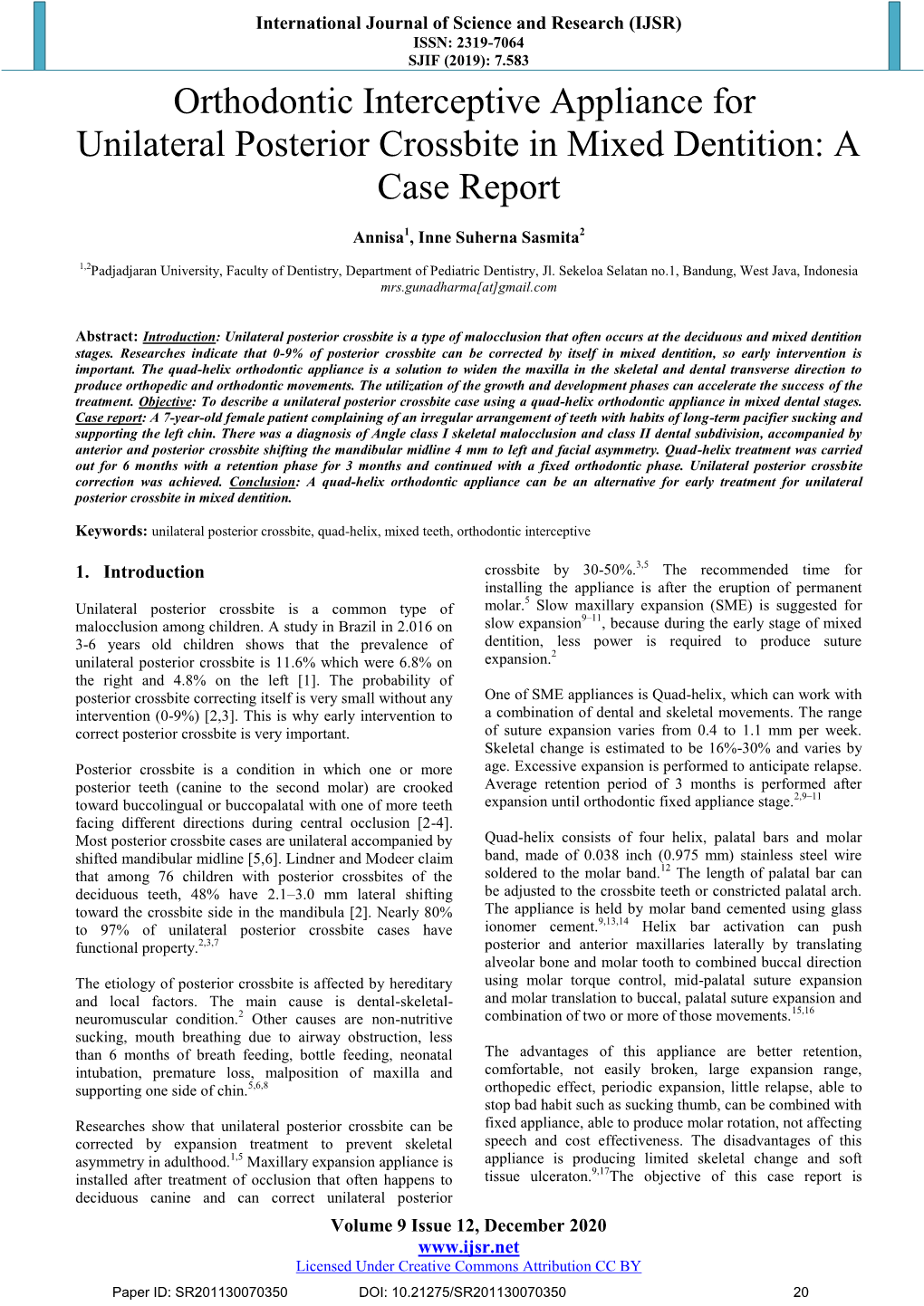 Orthodontic Interceptive Appliance for Unilateral Posterior Crossbite in Mixed Dentition: a Case Report