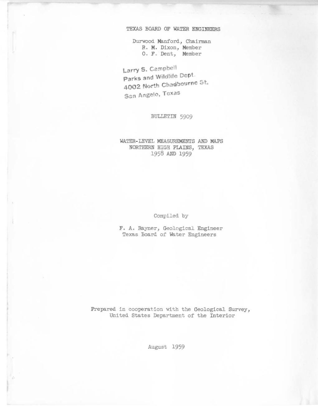 Water-Level Measurements and Maps Northern High Plains, Texas 1958